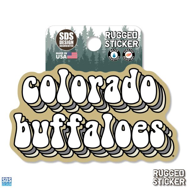 Rugged sticker with bold white bubble letters outlined in black and stacked in a layered 3D style reading "colorado buffaloes" on a gold background.